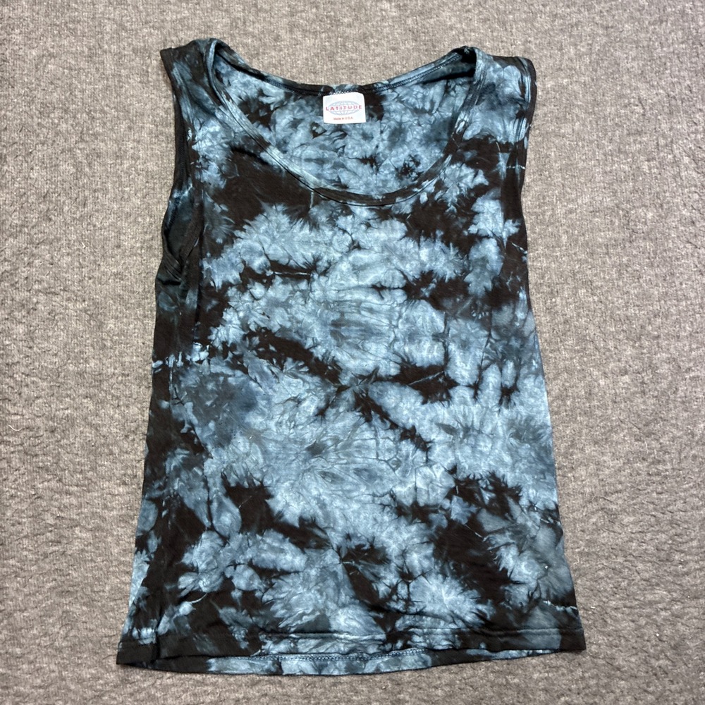 Vintage Latitude Tie Dye Tank Top Women Small Blue Black Sleeveless USA Made